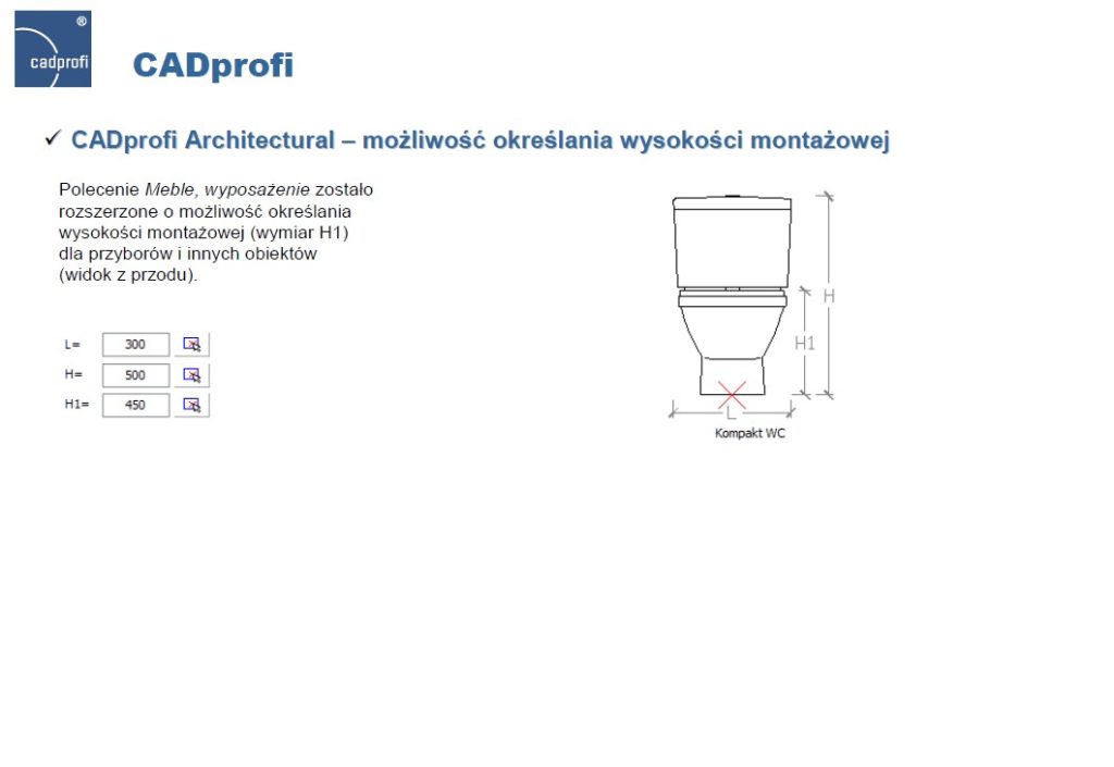 CADprofi Architectural - możliwość określania wysokości montażowej