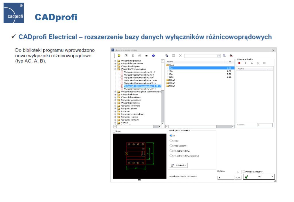 CADprofi Electrical - rozszerzenie bazy danych wyłączników różnicowoprądowych